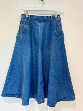 Vintage Ralph Lauren Country A Line Skirt 14 Blue Denim Maxi Button Pockets 90s